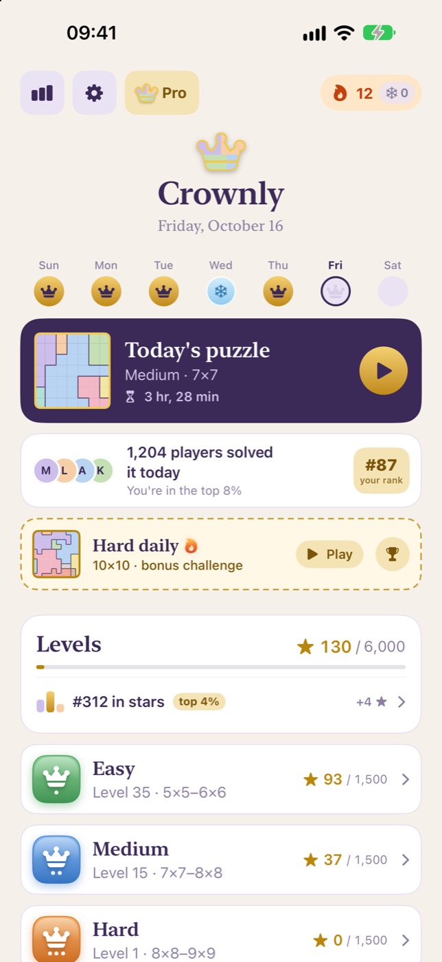 Crownly home screen with the daily puzzle
